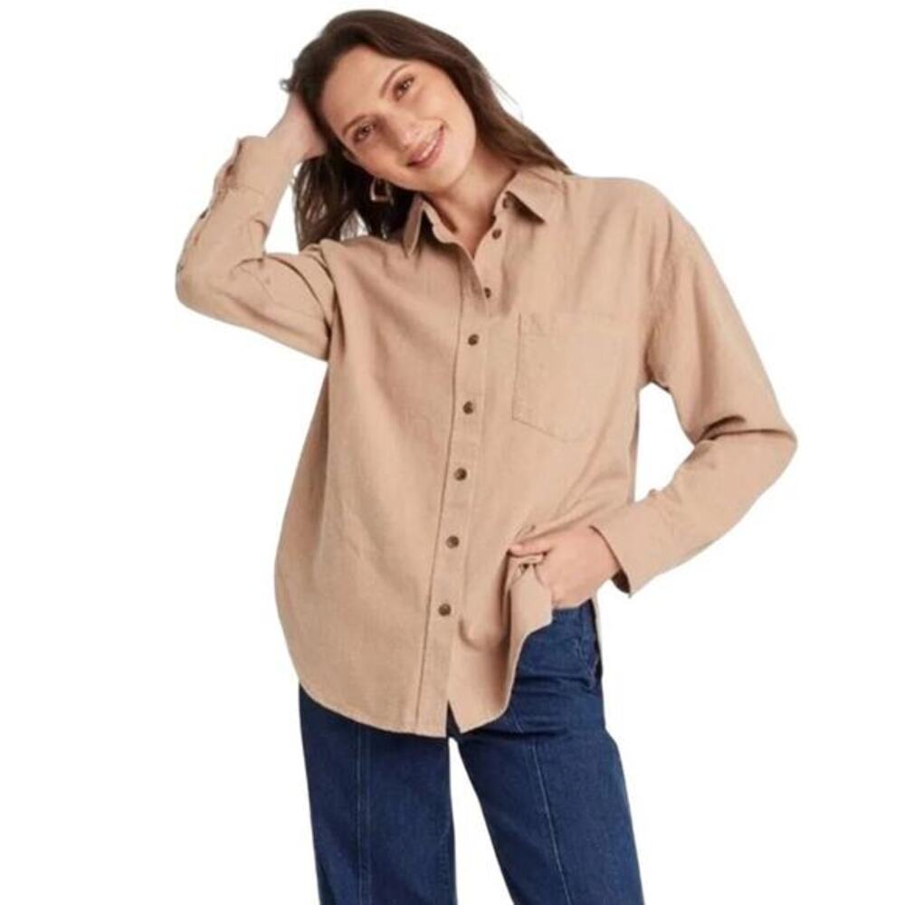Universal Thread Oversized Button Down‎ Flannel Shirt Tan Size XS